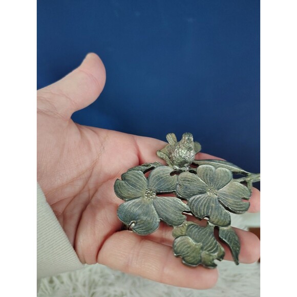 Vintage Metzke Pewter Dogwood Blossoms & Bird Glass Potpourri Trinket Dish - Picture 7 of 7